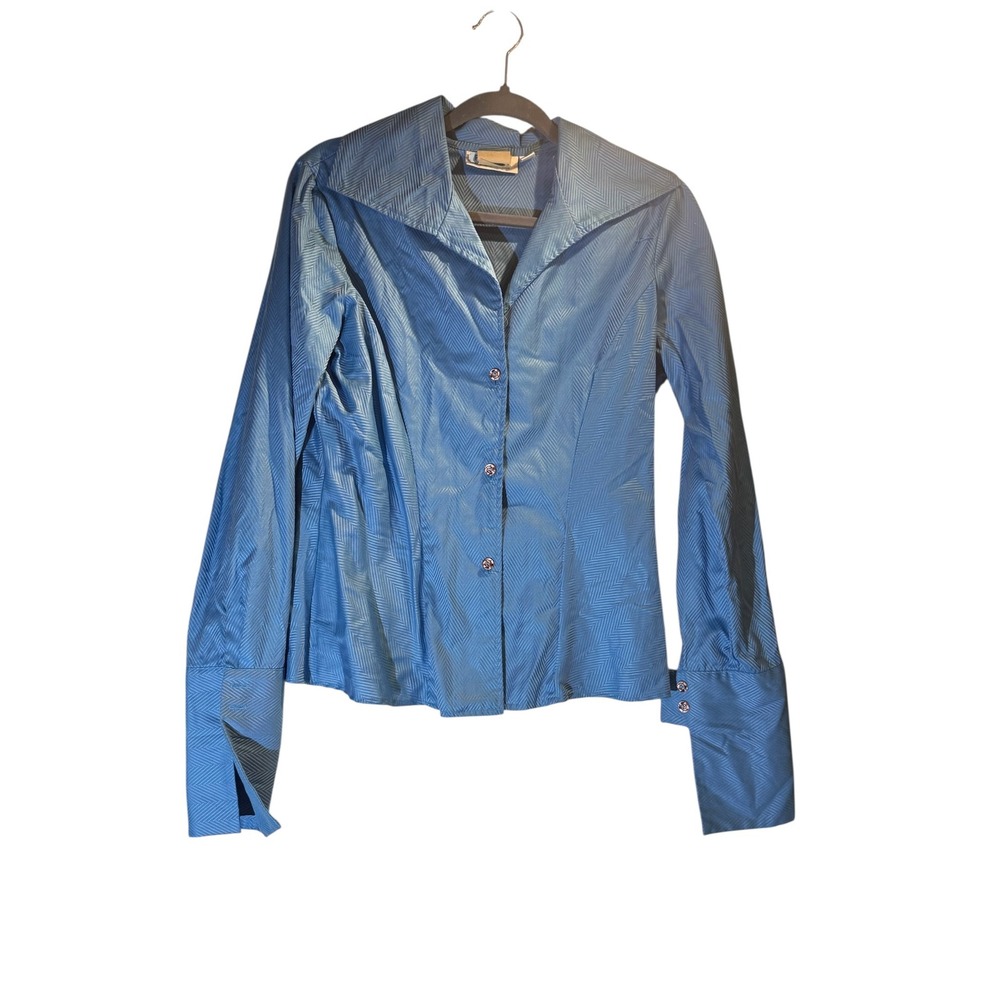 Farinaz Taghavi Blue Chevron Herringbone Button Down Shirt French Cuffs Size 10
